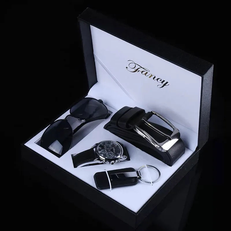Men's Watches Business Gift Set With Box Quartz Watch Sunglasses Keychain Belt Sets For Men Husband Father’s Day Birthday Gifts