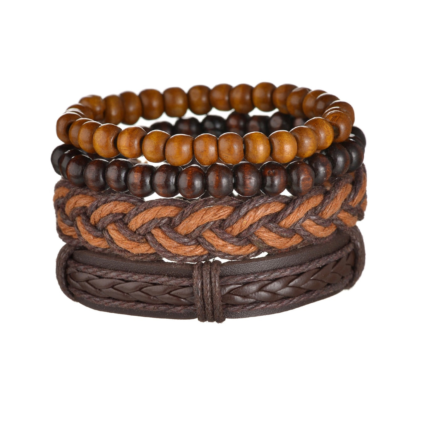 3 & 4 Piece Sets of Braided Wrap Leather Bracelet for Men, Vintage, Life Tree, Guitar and Wood Bead Wristband
