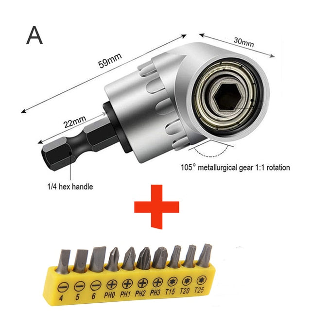 105 Degree Right Angle Drill Adapter. Flexible Shaft Extension Bit for Screwdriver Hand Tools. Magnetic Bit Socket Power Drill Driven