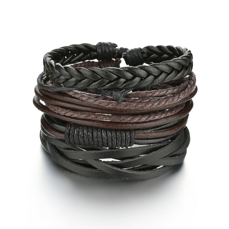 3 & 4 Piece Sets of Braided Wrap Leather Bracelet for Men, Vintage, Life Tree, Guitar and Wood Bead Wristband