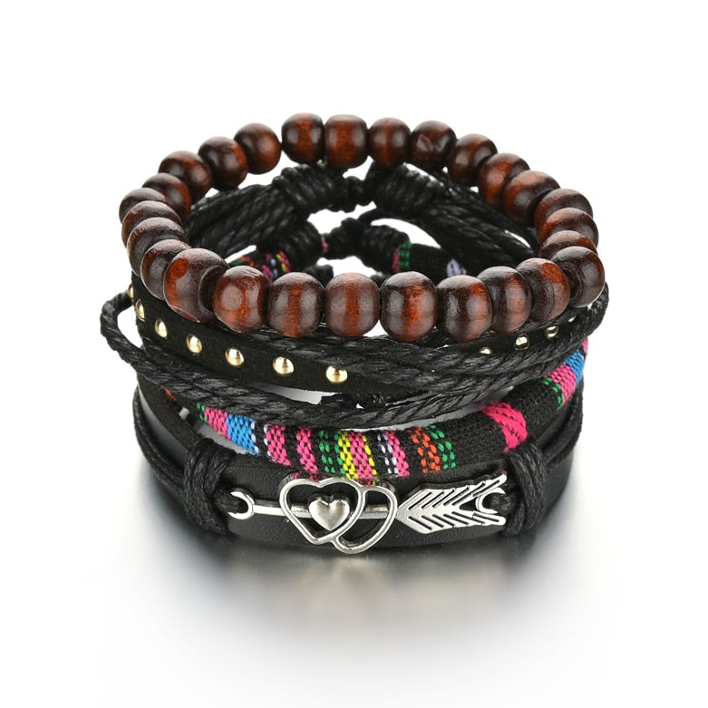 3 & 4 Piece Sets of Braided Wrap Leather Bracelet for Men, Vintage, Life Tree, Guitar and Wood Bead Wristband