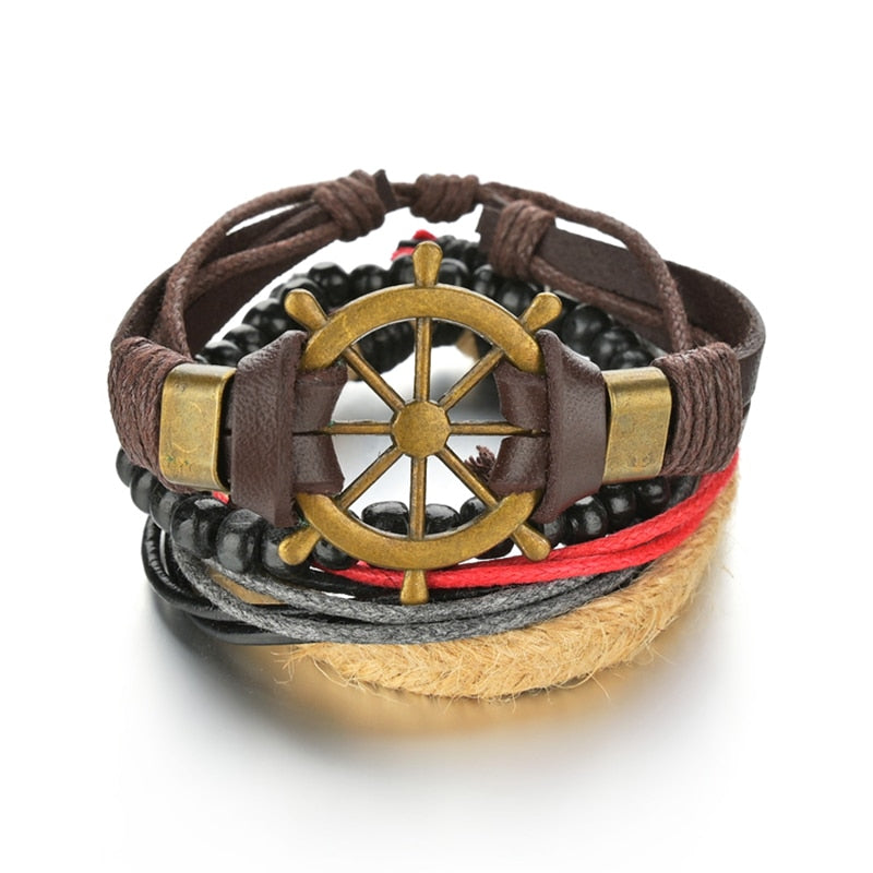 3 & 4 Piece Sets of Braided Wrap Leather Bracelet for Men, Vintage, Life Tree, Guitar and Wood Bead Wristband