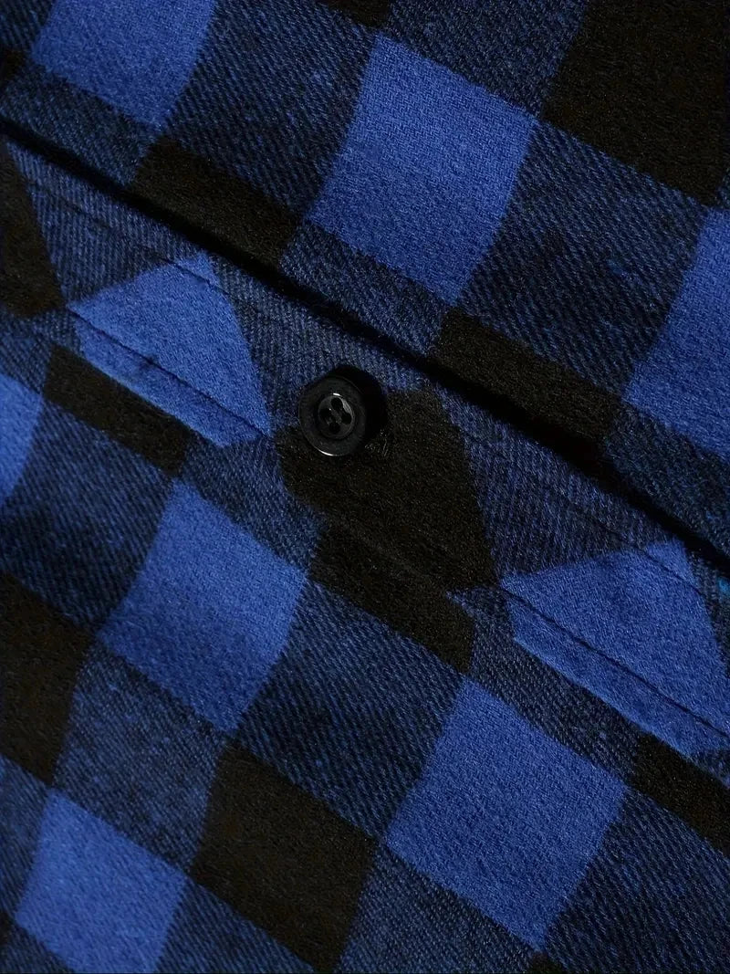 Men's Shirts Classic Plaid Casual Button Down Hooded Long Sleeved Double Pockets Shirt Hoodie Flannel Jacket