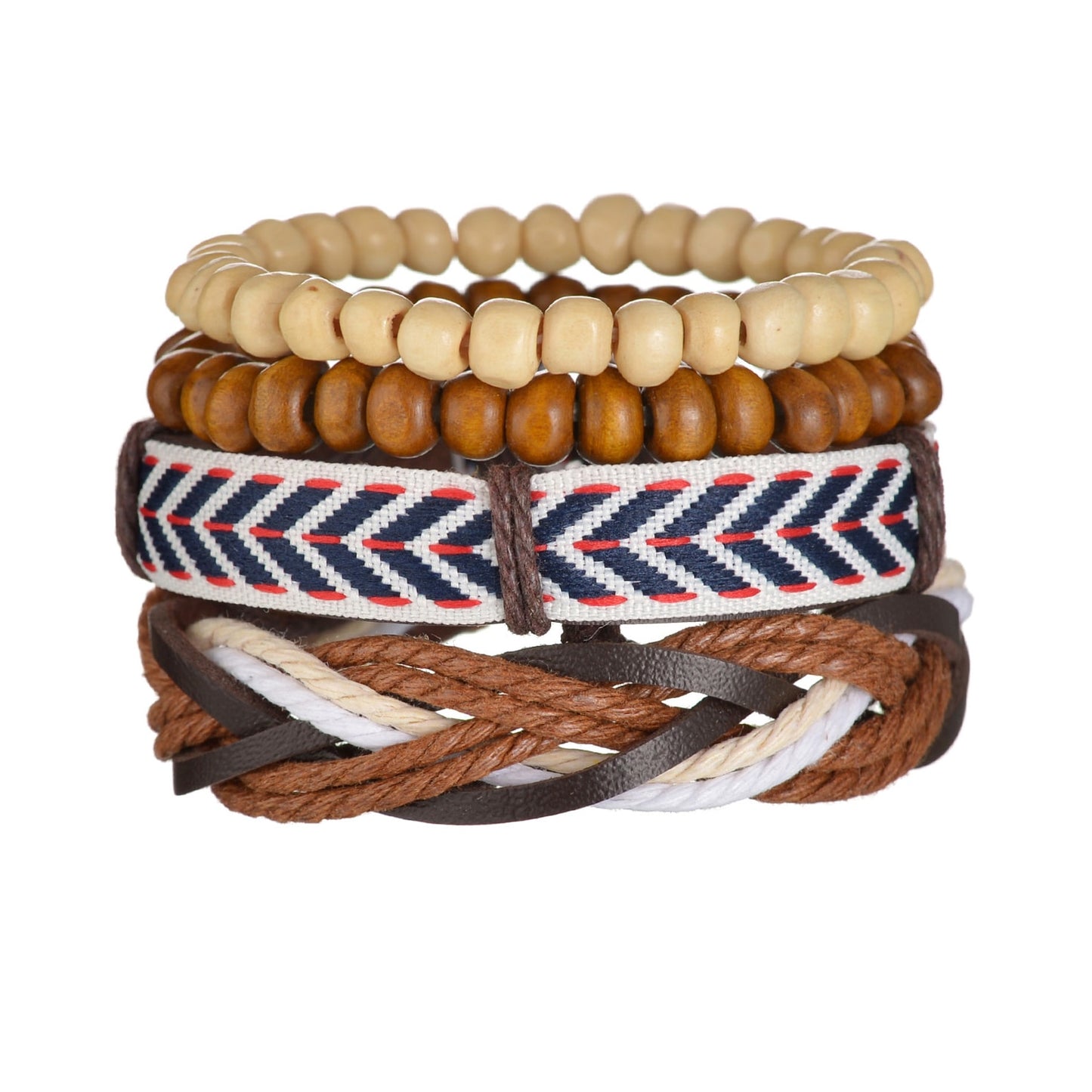 3 & 4 Piece Sets of Braided Wrap Leather Bracelet for Men, Vintage, Life Tree, Guitar and Wood Bead Wristband