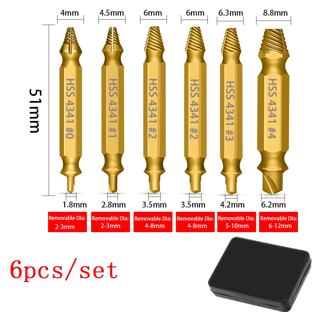 4/5/6PCS Damaged Screw Extractor Drill Set. Titanium Double Side Stripped Broken Screw Removal made Easy