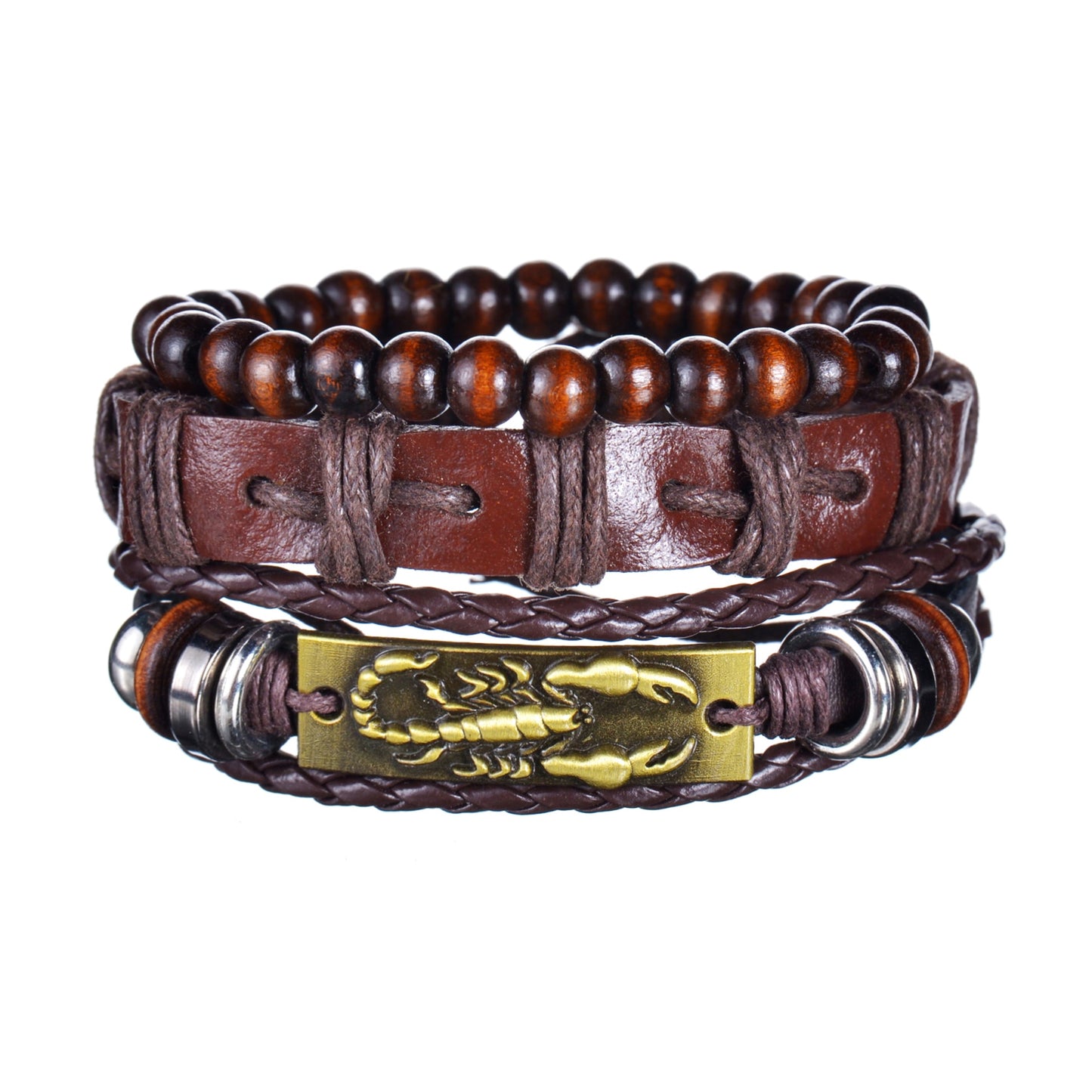 3 & 4 Piece Sets of Braided Wrap Leather Bracelet for Men, Vintage, Life Tree, Guitar and Wood Bead Wristband