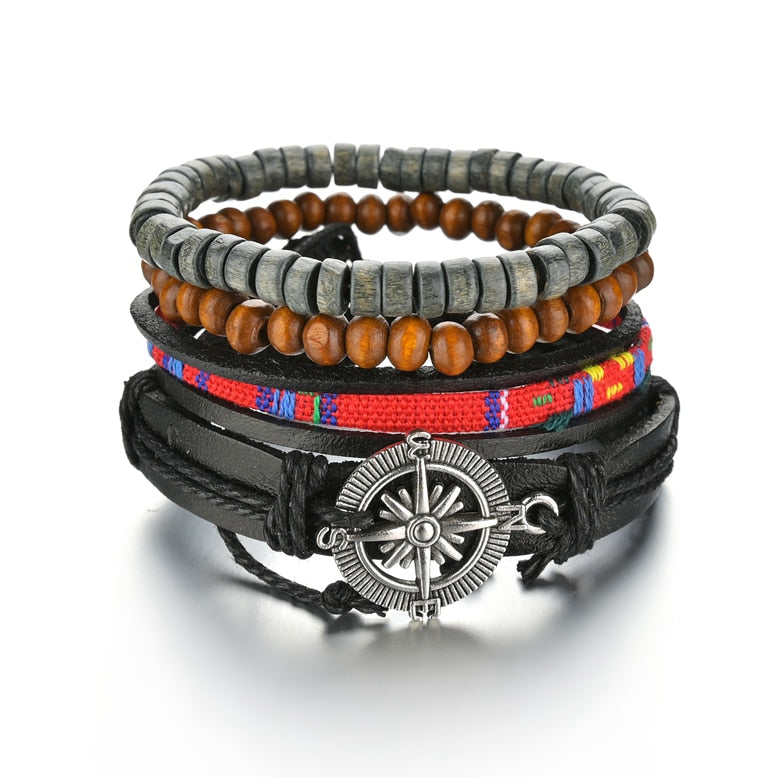 3 & 4 Piece Sets of Braided Wrap Leather Bracelet for Men, Vintage, Life Tree, Guitar and Wood Bead Wristband