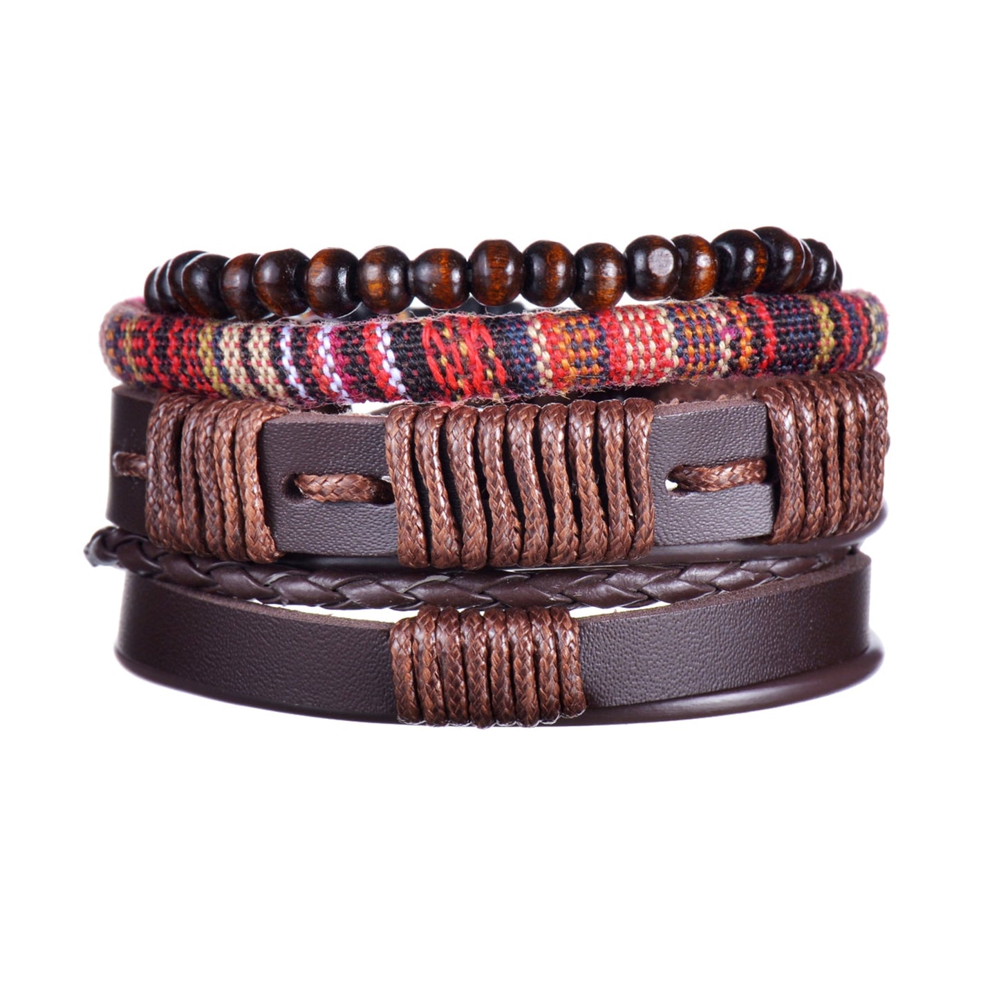 3 & 4 Piece Sets of Braided Wrap Leather Bracelet for Men, Vintage, Life Tree, Guitar and Wood Bead Wristband