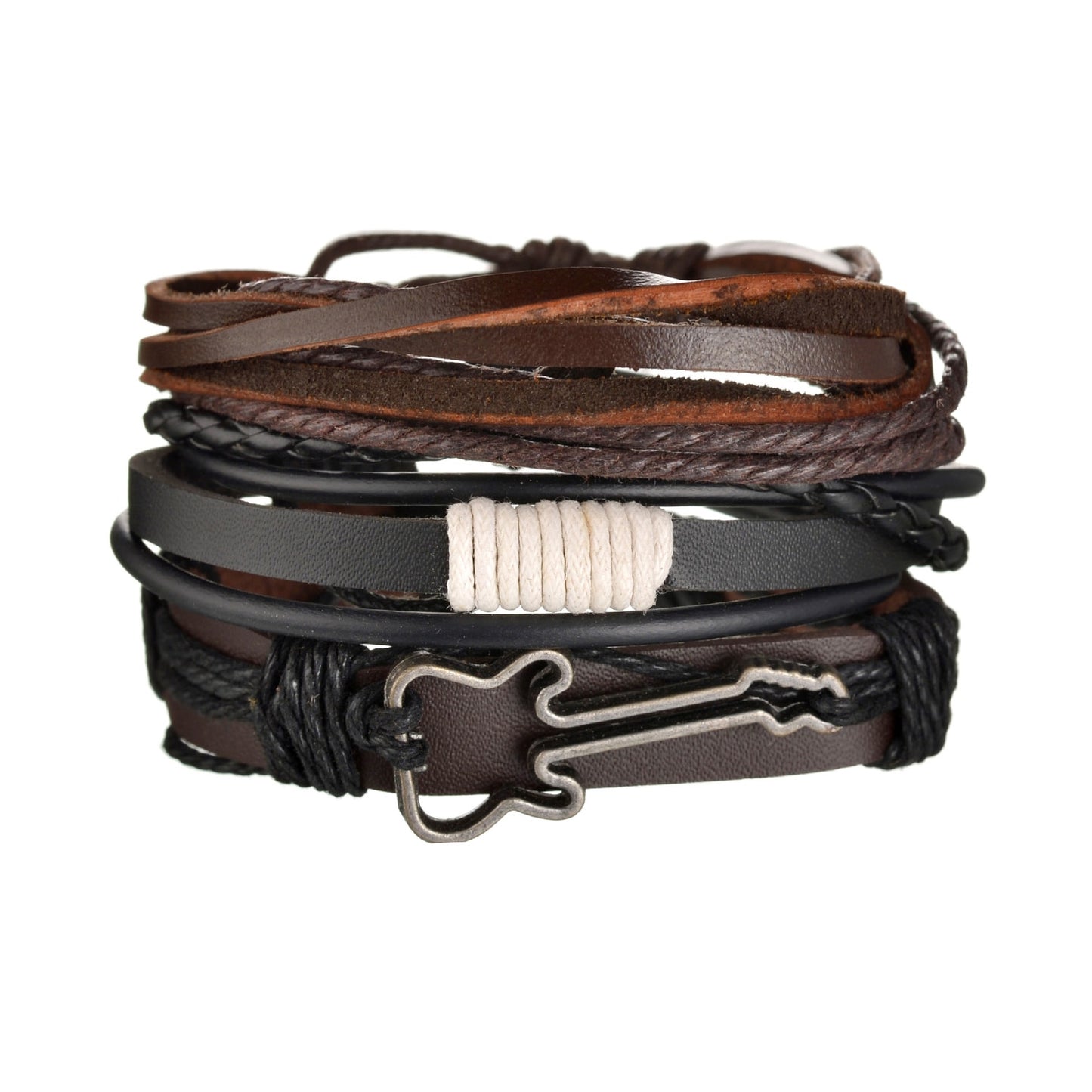 3 & 4 Piece Sets of Braided Wrap Leather Bracelet for Men, Vintage, Life Tree, Guitar and Wood Bead Wristband