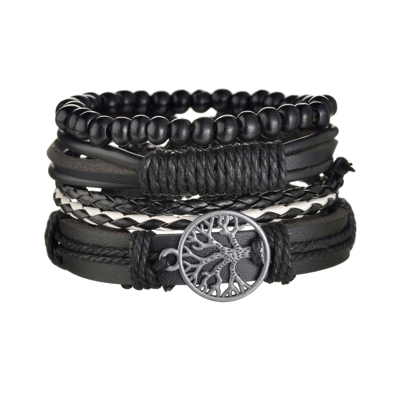3 & 4 Piece Sets of Braided Wrap Leather Bracelet for Men, Vintage, Life Tree, Guitar and Wood Bead Wristband