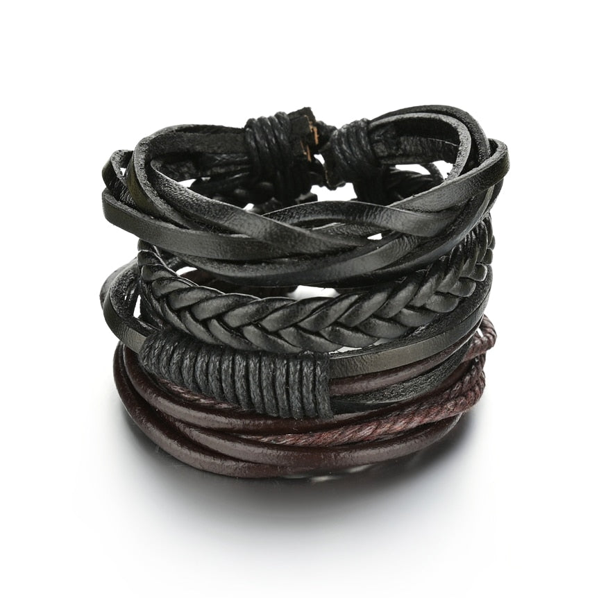 3 & 4 Piece Sets of Braided Wrap Leather Bracelet for Men, Vintage, Life Tree, Guitar and Wood Bead Wristband