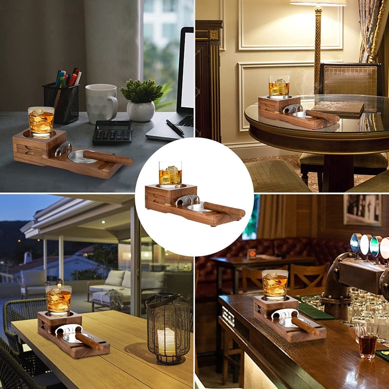 Wooden Cigar Ashtray & Beverage Holder, Solid Wood Coaster for your Whiskey, Cigar & Lighter