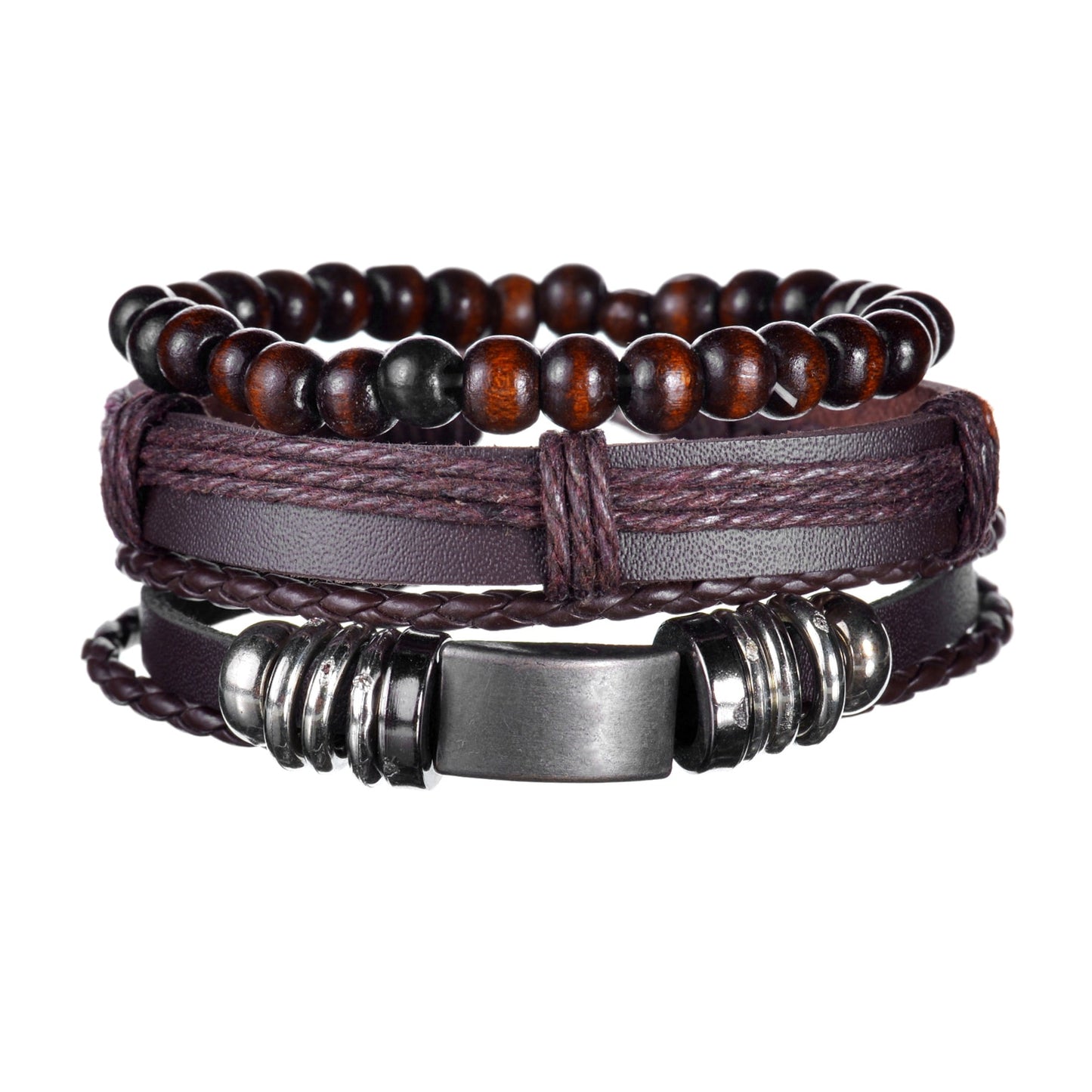 3 & 4 Piece Sets of Braided Wrap Leather Bracelet for Men, Vintage, Life Tree, Guitar and Wood Bead Wristband