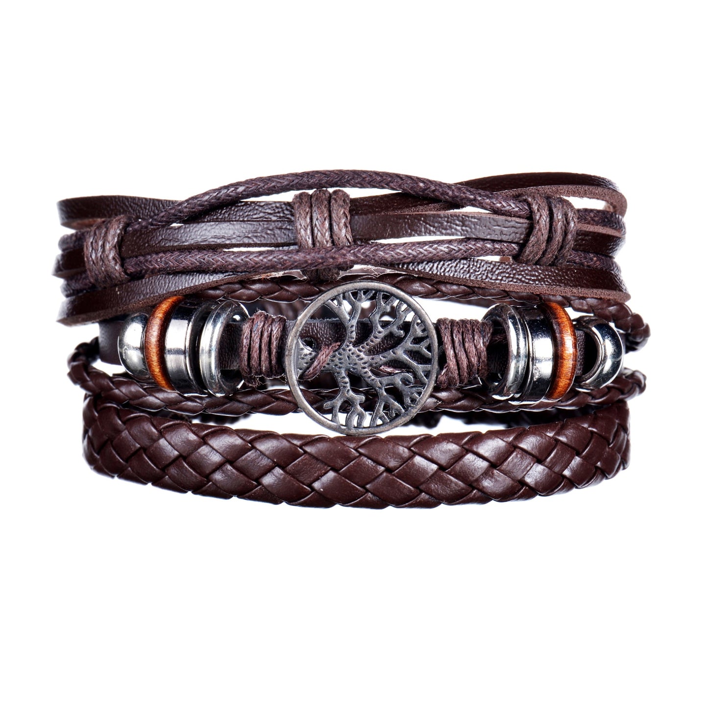 3 & 4 Piece Sets of Braided Wrap Leather Bracelet for Men, Vintage, Life Tree, Guitar and Wood Bead Wristband