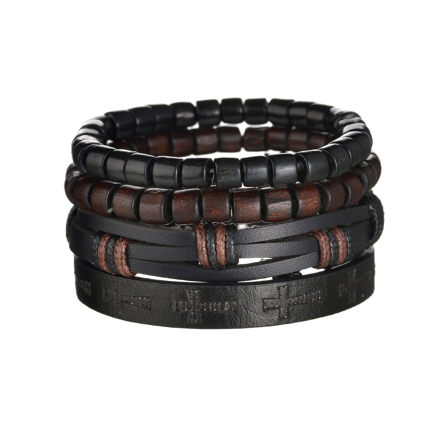3 & 4 Piece Sets of Braided Wrap Leather Bracelet for Men, Vintage, Life Tree, Guitar and Wood Bead Wristband