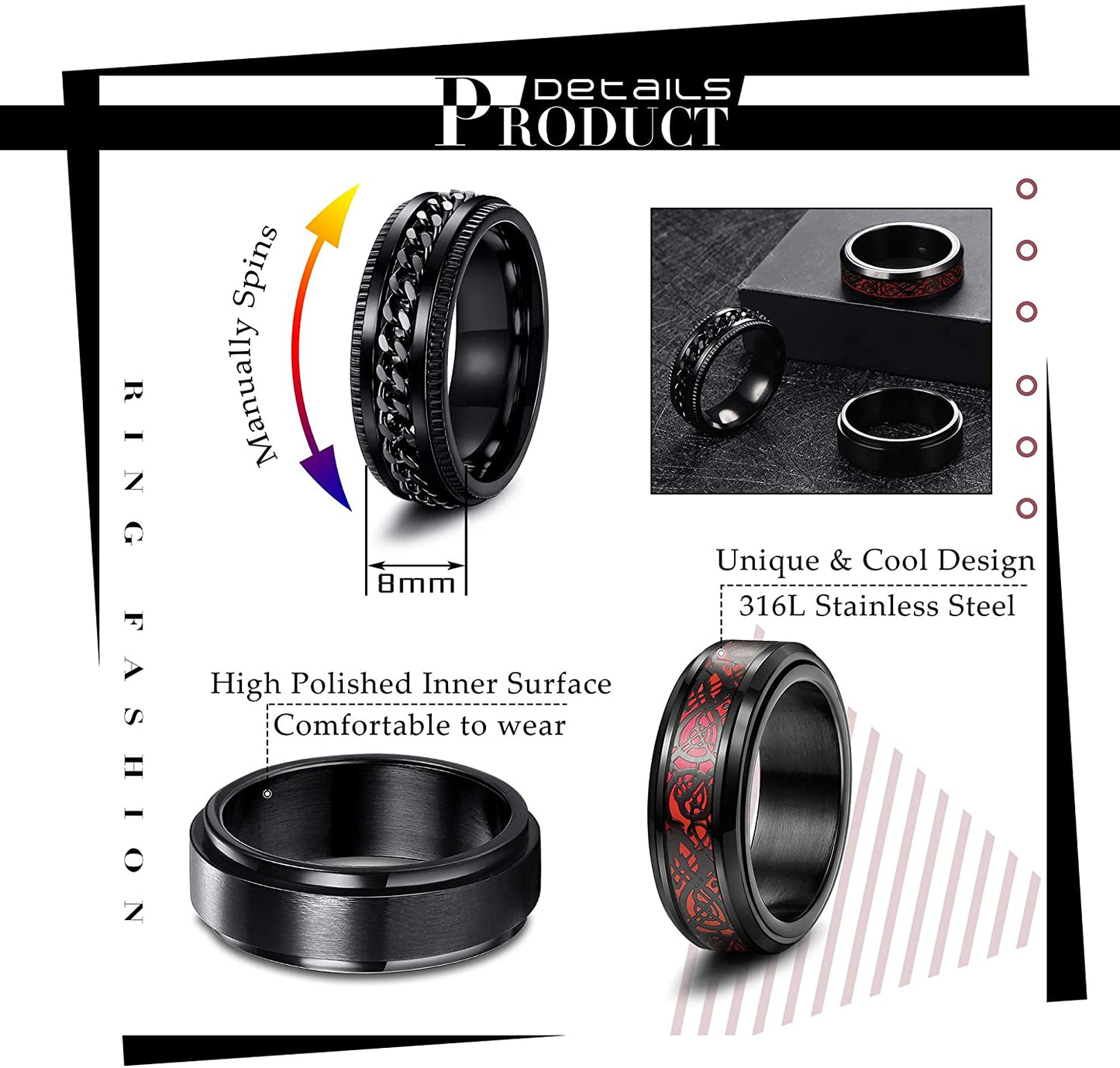 Tungsten & Stainless Steel Men's Rings, Spinner Rings For Men