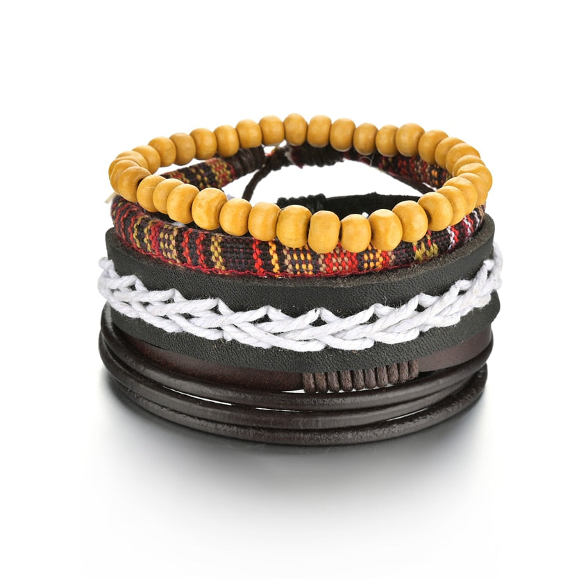 3 & 4 Piece Sets of Braided Wrap Leather Bracelet for Men, Vintage, Life Tree, Guitar and Wood Bead Wristband