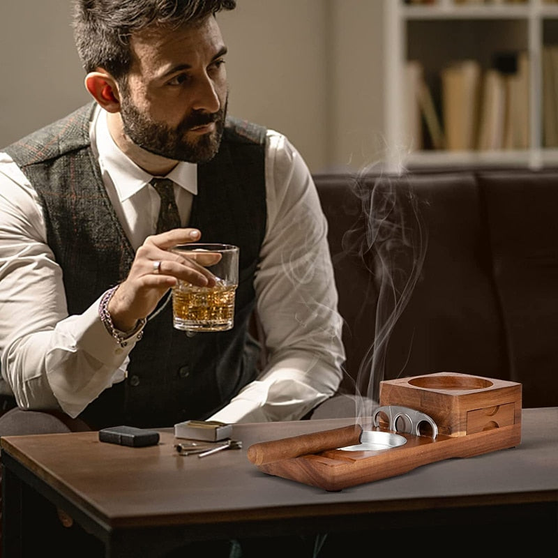 Wooden Cigar Ashtray & Beverage Holder, Solid Wood Coaster for your Whiskey, Cigar & Lighter