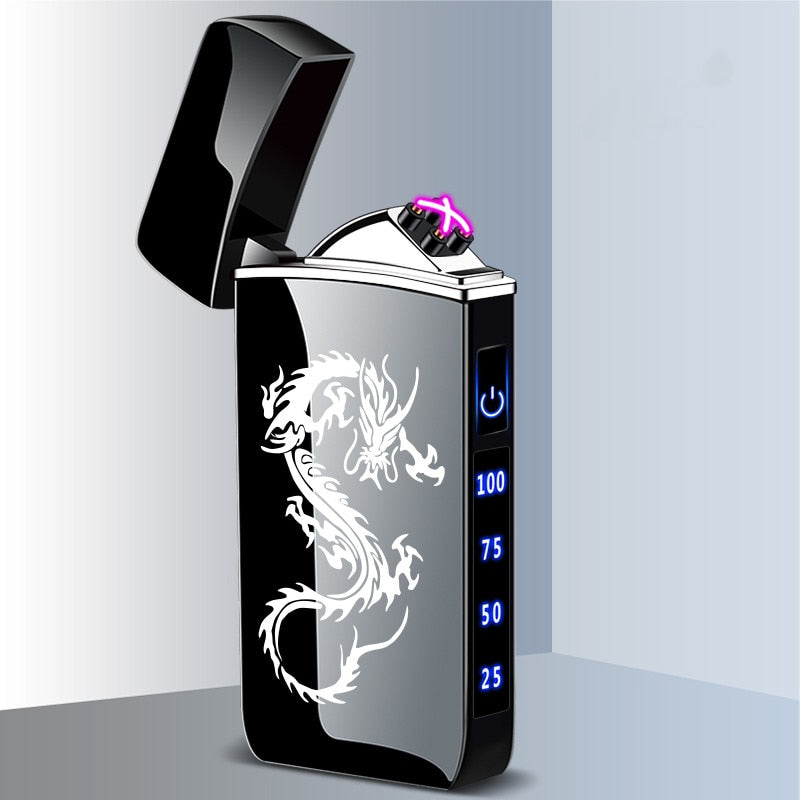 Touch Sensing Dragon Lighters (other designs included) - Metal Electric Outdoor Windproof Lighter Dual Arc Flameless Plasma USB Rechargeable Lighters with Digital Power Display