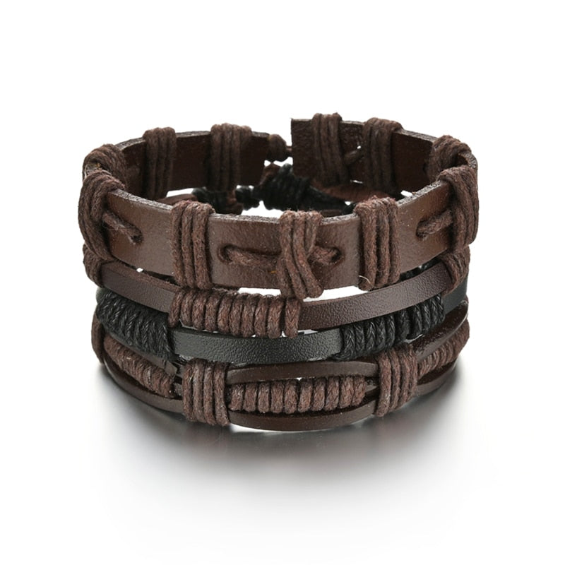 3 & 4 Piece Sets of Braided Wrap Leather Bracelet for Men, Vintage, Life Tree, Guitar and Wood Bead Wristband