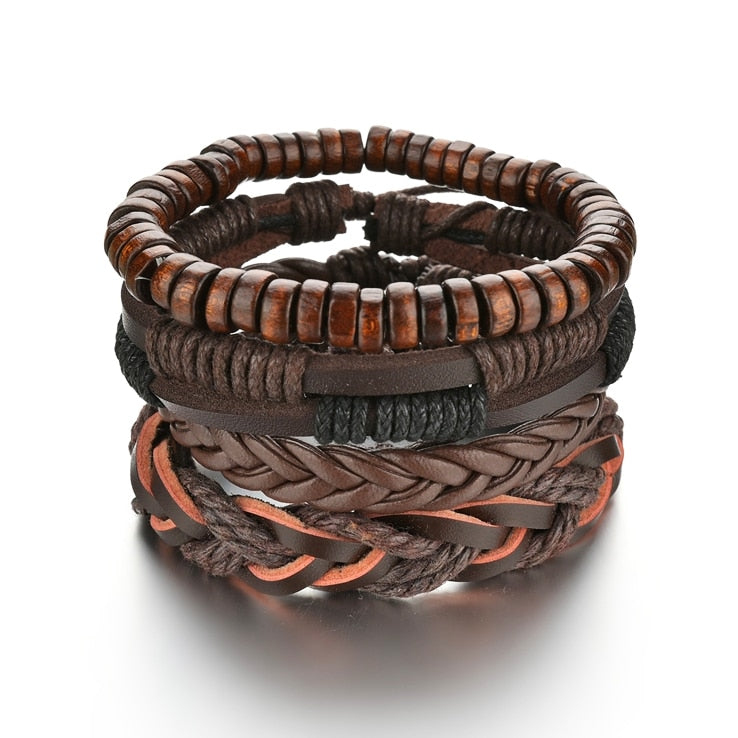 3 & 4 Piece Sets of Braided Wrap Leather Bracelet for Men, Vintage, Life Tree, Guitar and Wood Bead Wristband