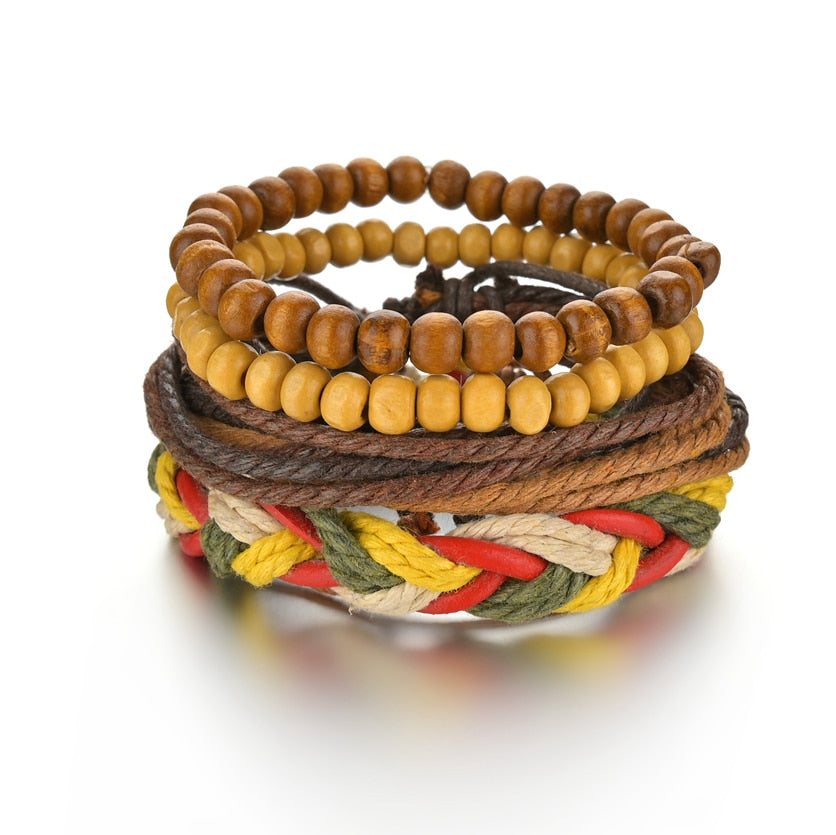 3 & 4 Piece Sets of Braided Wrap Leather Bracelet for Men, Vintage, Life Tree, Guitar and Wood Bead Wristband