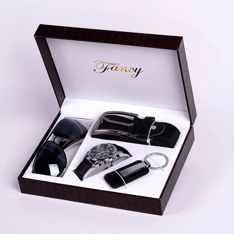 Men's Watches Business Gift Set With Box Quartz Watch Sunglasses Keychain Belt Sets For Men Husband Father’s Day Birthday Gifts