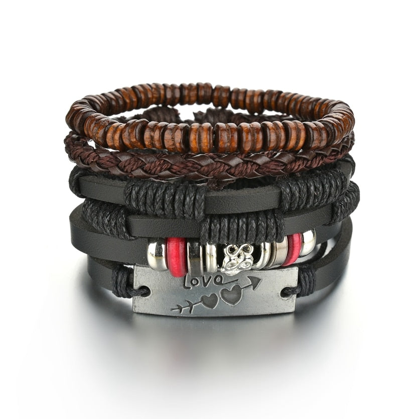 3 & 4 Piece Sets of Braided Wrap Leather Bracelet for Men, Vintage, Life Tree, Guitar and Wood Bead Wristband
