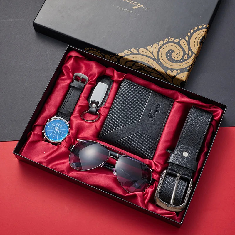New Mens Watch Set with Gift Box 6 Pieces Fashion Quartz Watch for Man Belt Wallet Sunglasses Keychain Roller Pen.