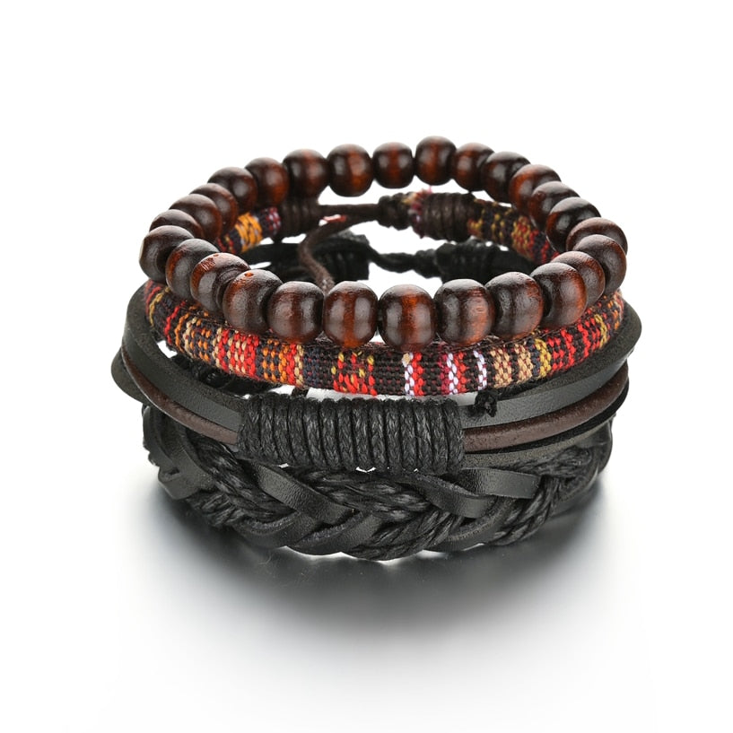 3 & 4 Piece Sets of Braided Wrap Leather Bracelet for Men, Vintage, Life Tree, Guitar and Wood Bead Wristband