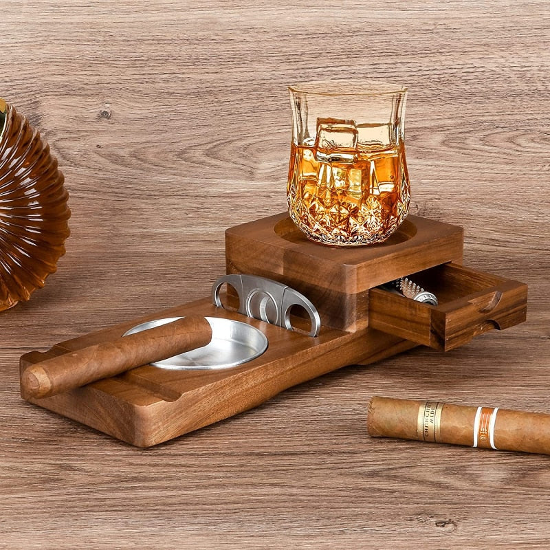 Wooden Cigar Ashtray & Beverage Holder, Solid Wood Coaster for your Whiskey, Cigar & Lighter