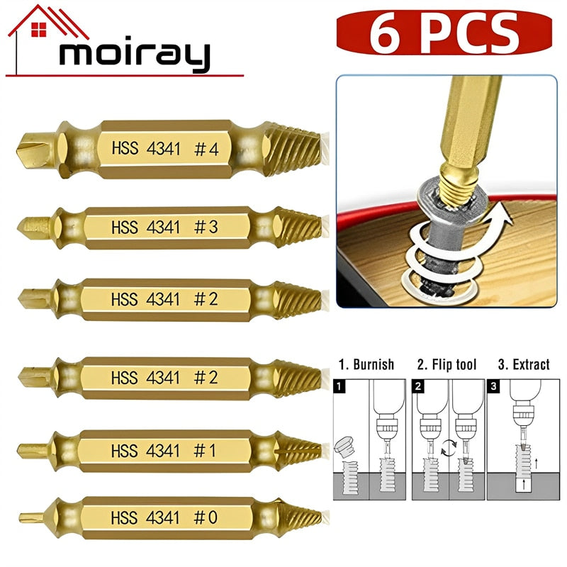 4/5/6PCS Damaged Screw Extractor Drill Set. Titanium Double Side Stripped Broken Screw Removal made Easy