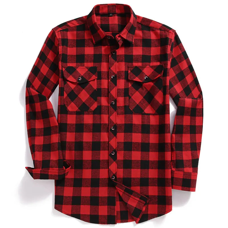 Men's Long-Sleeved Casual Button Shirt Flannel Plaid Regular Fit Classic Double Pocket Design Shirt Outerwear Man Red Green