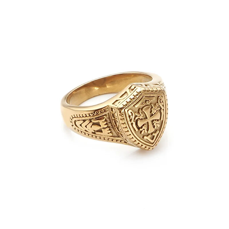 Gothic Size 7-13# 316L Stainless Steel Gold-Plated Colour Warrior Cross Shield Knight Templar Ring Jewellery