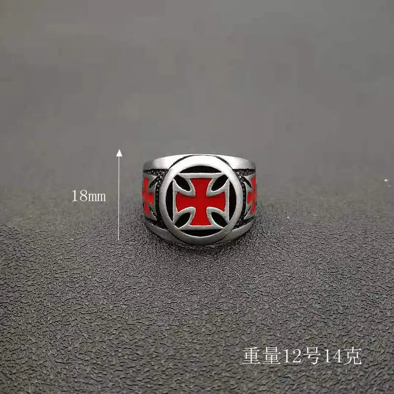 316L Stainless Steel Knights Templar Ring Custom Design Shield Black Epoxy Clean Red Cross Rings