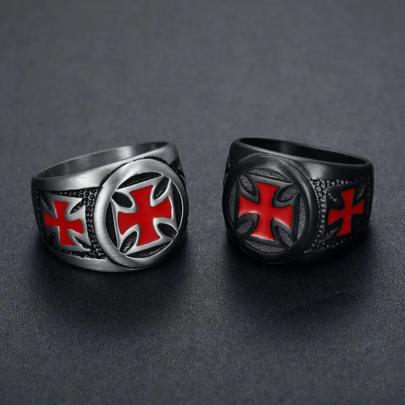 316L Stainless Steel Knights Templar Ring Custom Design Shield Black Epoxy Clean Red Cross Rings