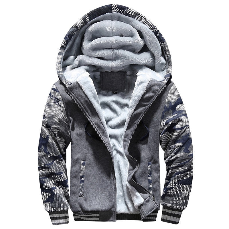 Men's Camouflage Thick Fleece Winter Jackets - Long Sleeve Coat Man Casual Hoodie Streetwear