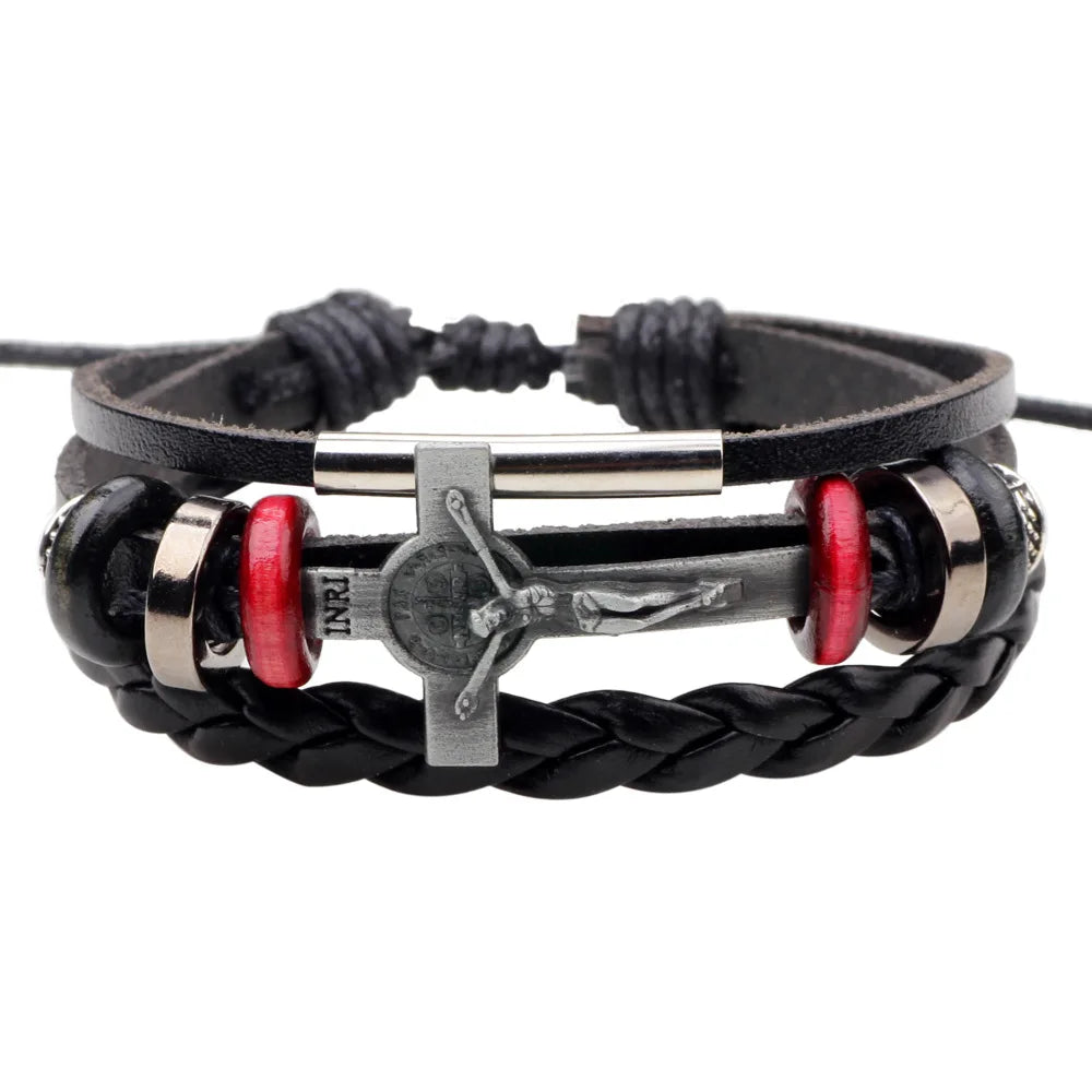 New Multilayer Leather Bracelets For Men and Women Leather Bracelets alloy Cross of Jesus Beaded Bracelet