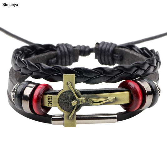 New Multilayer Leather Bracelets For Men and Women Leather Bracelets alloy Cross of Jesus Beaded Bracelet