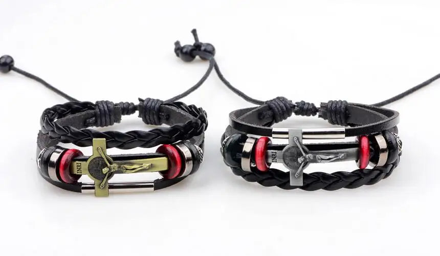 New Multilayer Leather Bracelets For Men and Women Leather Bracelets alloy Cross of Jesus Beaded Bracelet