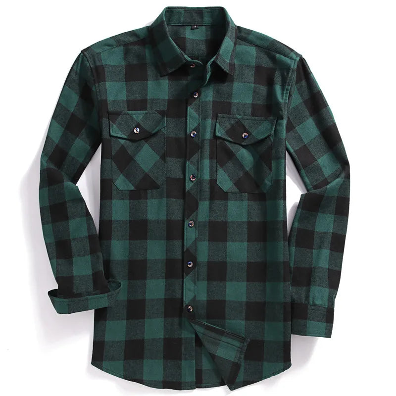 Men's Long-Sleeved Casual Button Shirt Flannel Plaid Regular Fit Classic Double Pocket Design Shirt Outerwear Man Red Green