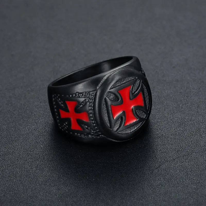 316L Stainless Steel Knights Templar Ring Custom Design Shield Black Epoxy Clean Red Cross Rings