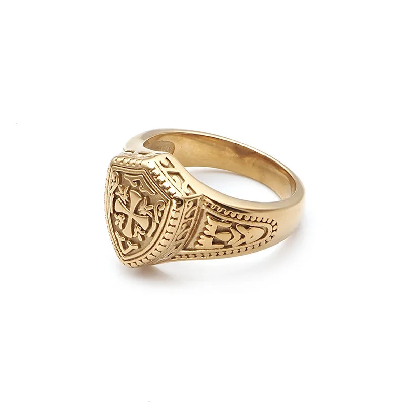 Gothic Size 7-13# 316L Stainless Steel Gold-Plated Colour Warrior Cross Shield Knight Templar Ring Jewellery