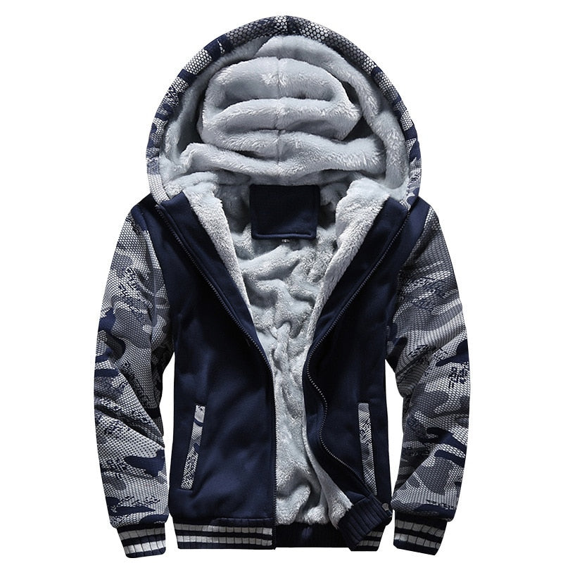 Men's Camouflage Thick Fleece Winter Jackets - Long Sleeve Coat Man Casual Hoodie Streetwear