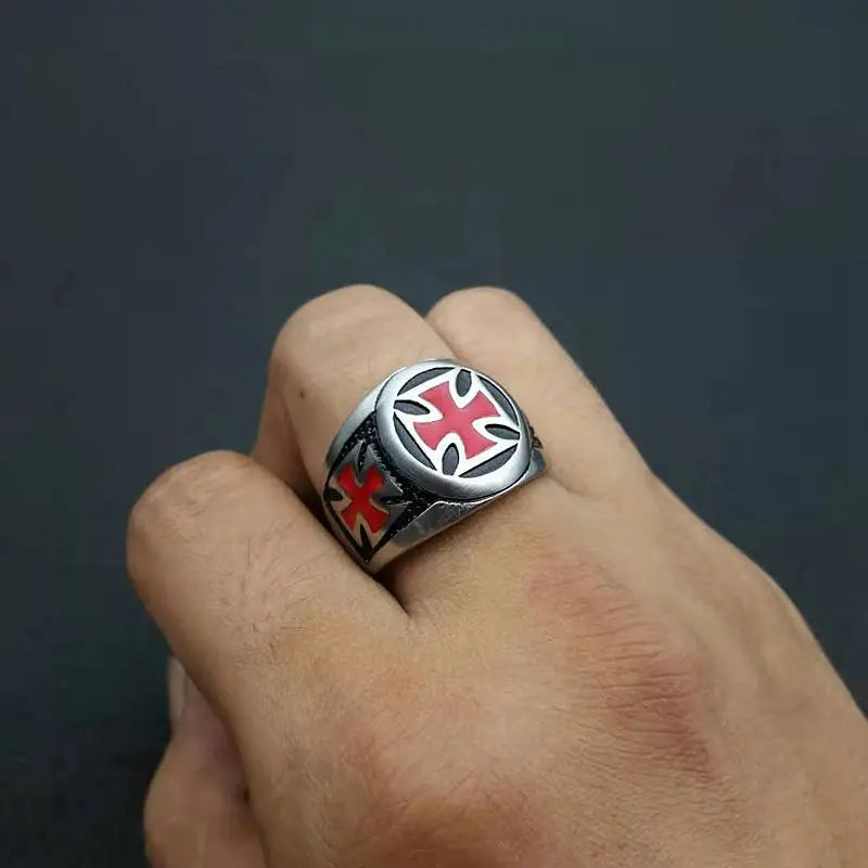 316L Stainless Steel Knights Templar Ring Custom Design Shield Black Epoxy Clean Red Cross Rings