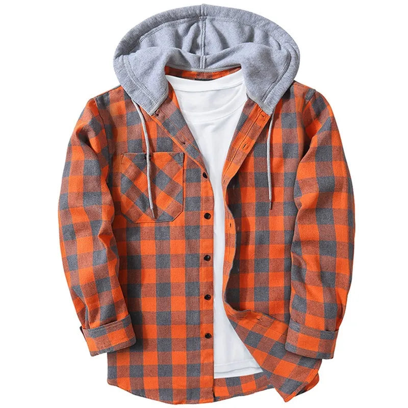 Mens Spring Autumn Plaid Print Hooded Shirts Mens Casual Loose flannel Long Sleeve Shirts Street Shirts Coats