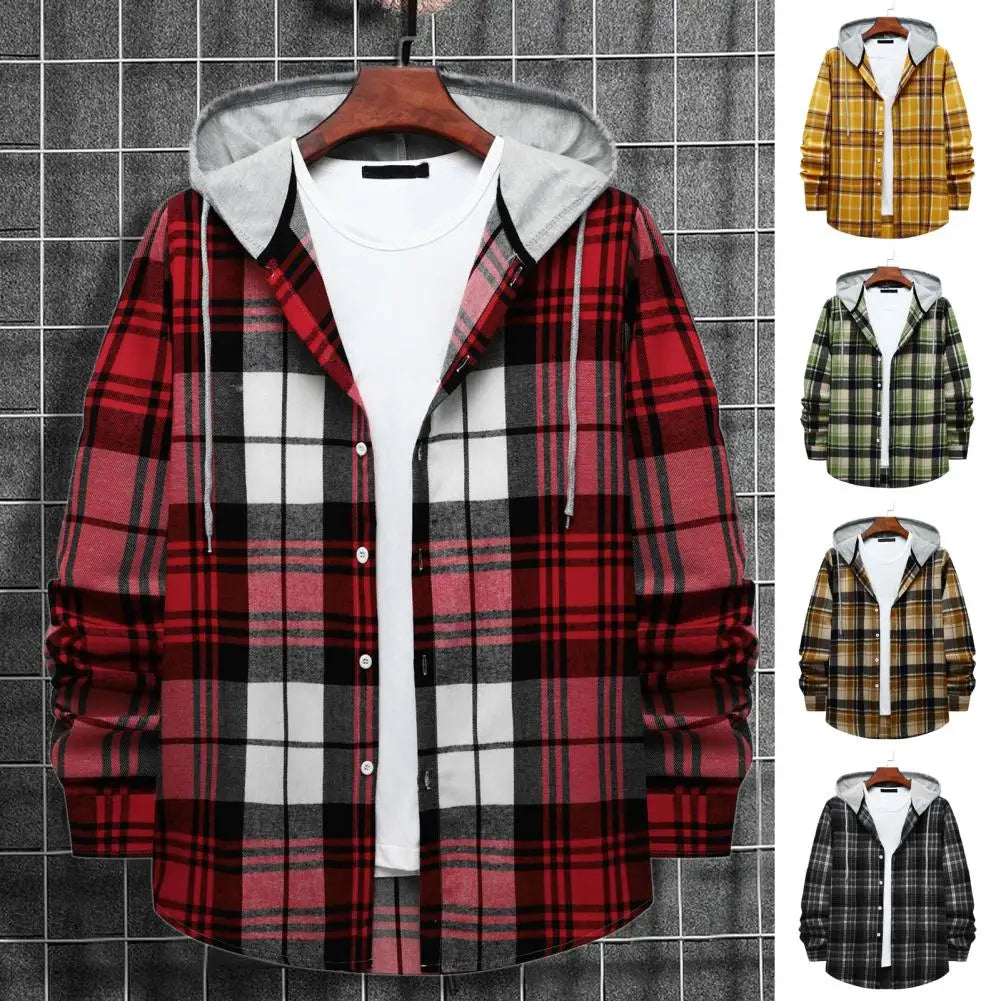 Men Plaid Splicing Hoodie Mens Fashion Streetwear Classic Flannel Long Sleeve Hooded Shirts