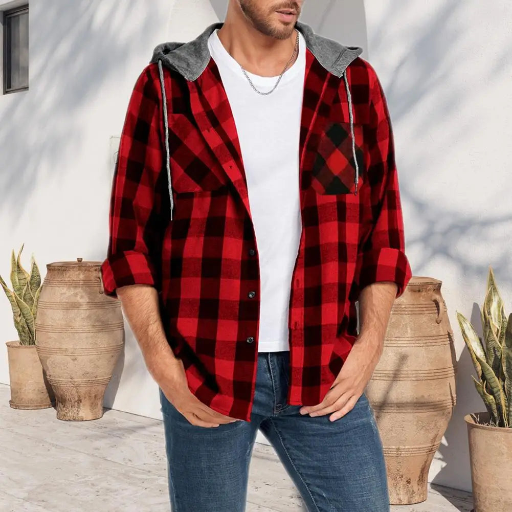 Men Warm Flannel Shirt Men's Plaid Print Hooded Shirt Coat for Daily Wear School Long Sleeves Drawstring