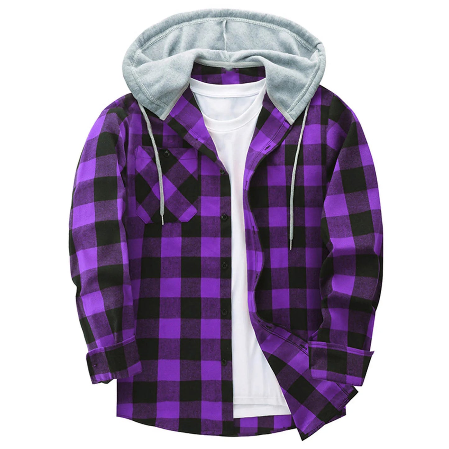 Mens Spring Autumn Plaid Print Hooded Shirts Mens Casual Loose flannel Long Sleeve Shirts Street Shirts Coats