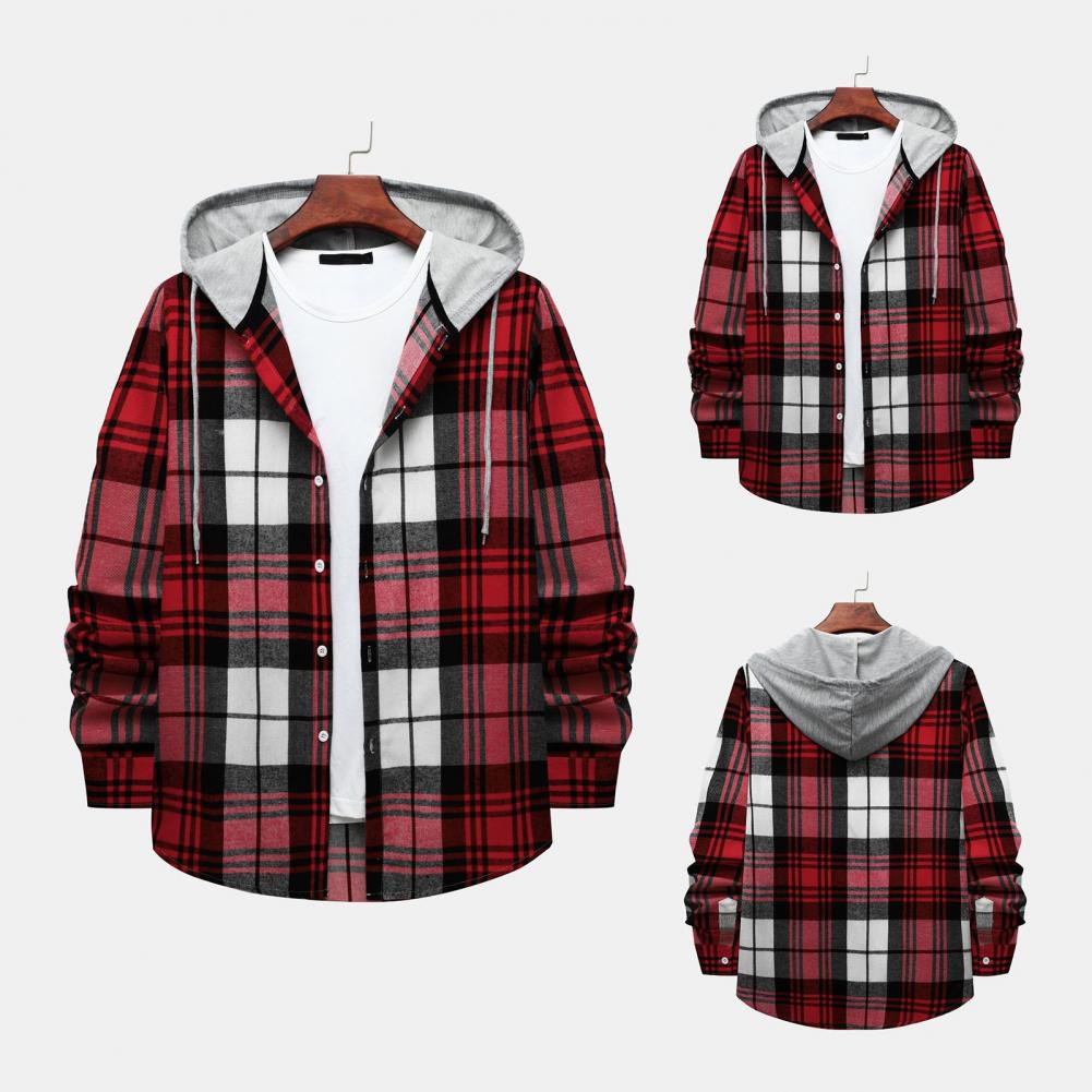 Men Plaid Splicing Hoodie Mens Fashion Streetwear Classic Flannel Long Sleeve Hooded Shirts